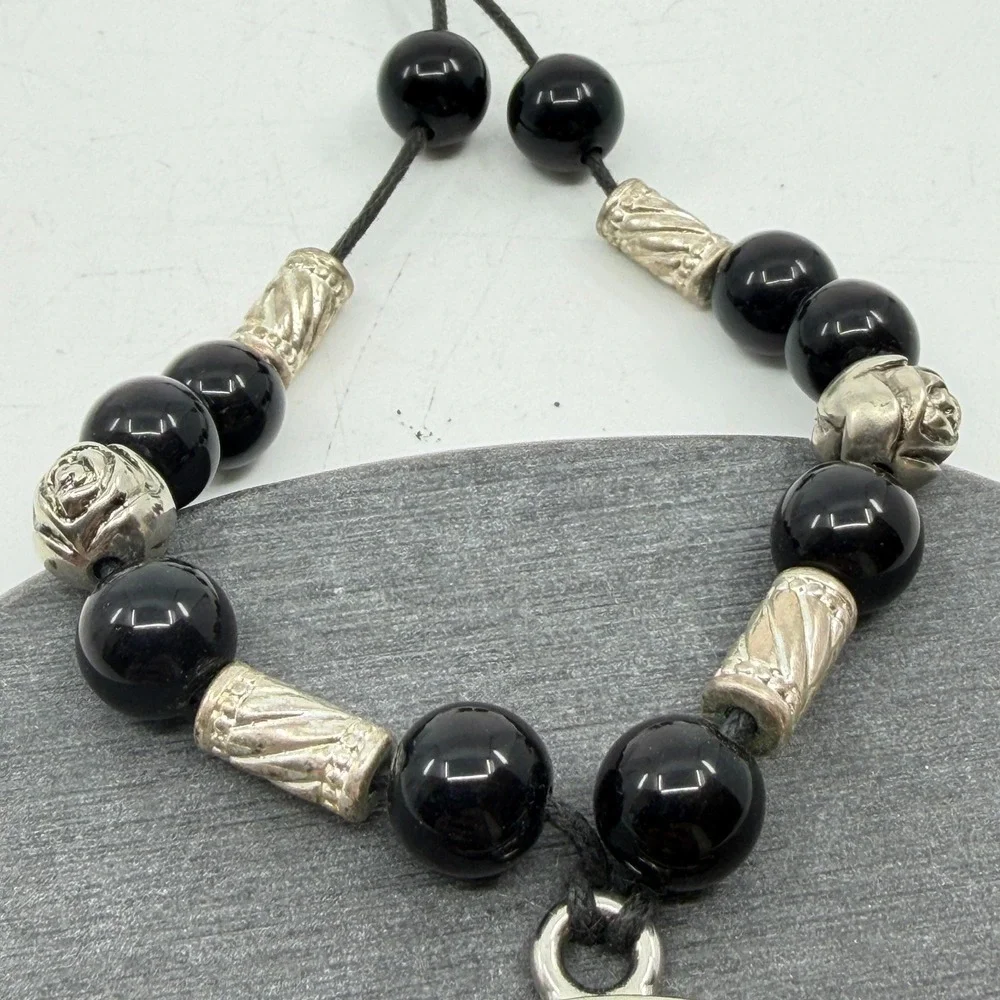 Black Silver Tone Abstract Swirl Disc Pendant Beaded Necklace Boho Statement